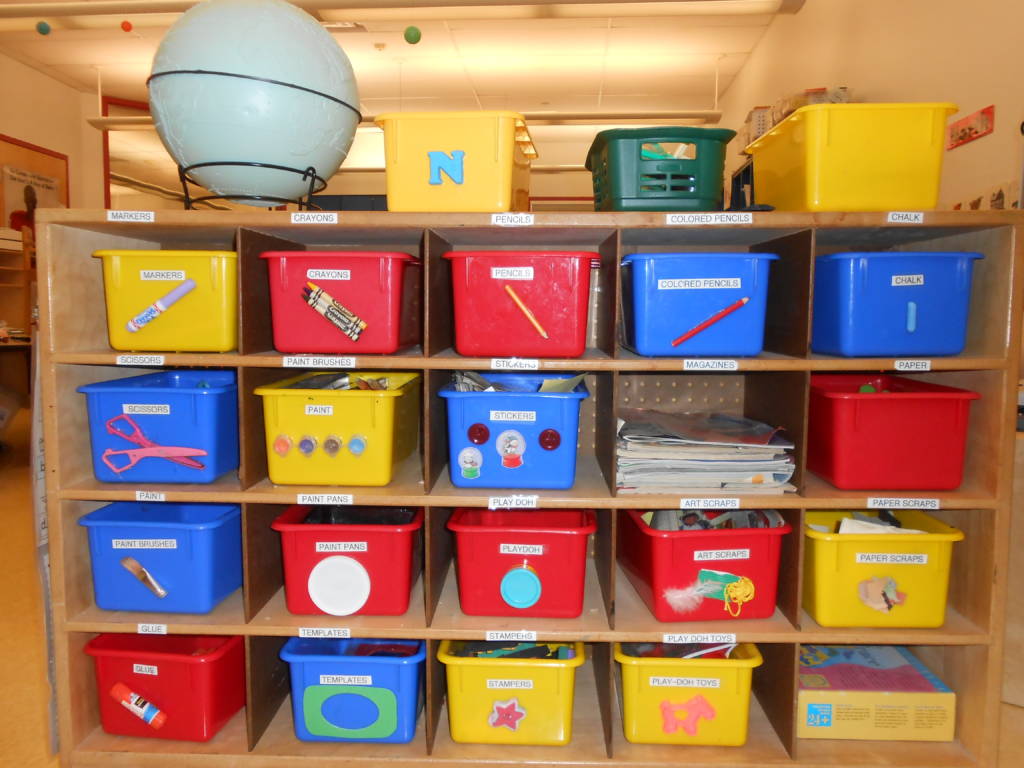 Classroom bins on shelves