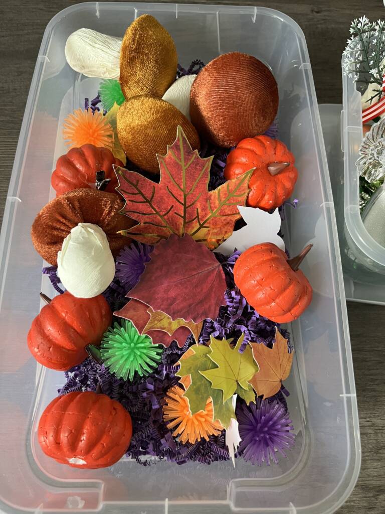 Fall sensory box with mini pumpkins, spiky balls, velvet mushrooms, stickers in the shape of leaves.