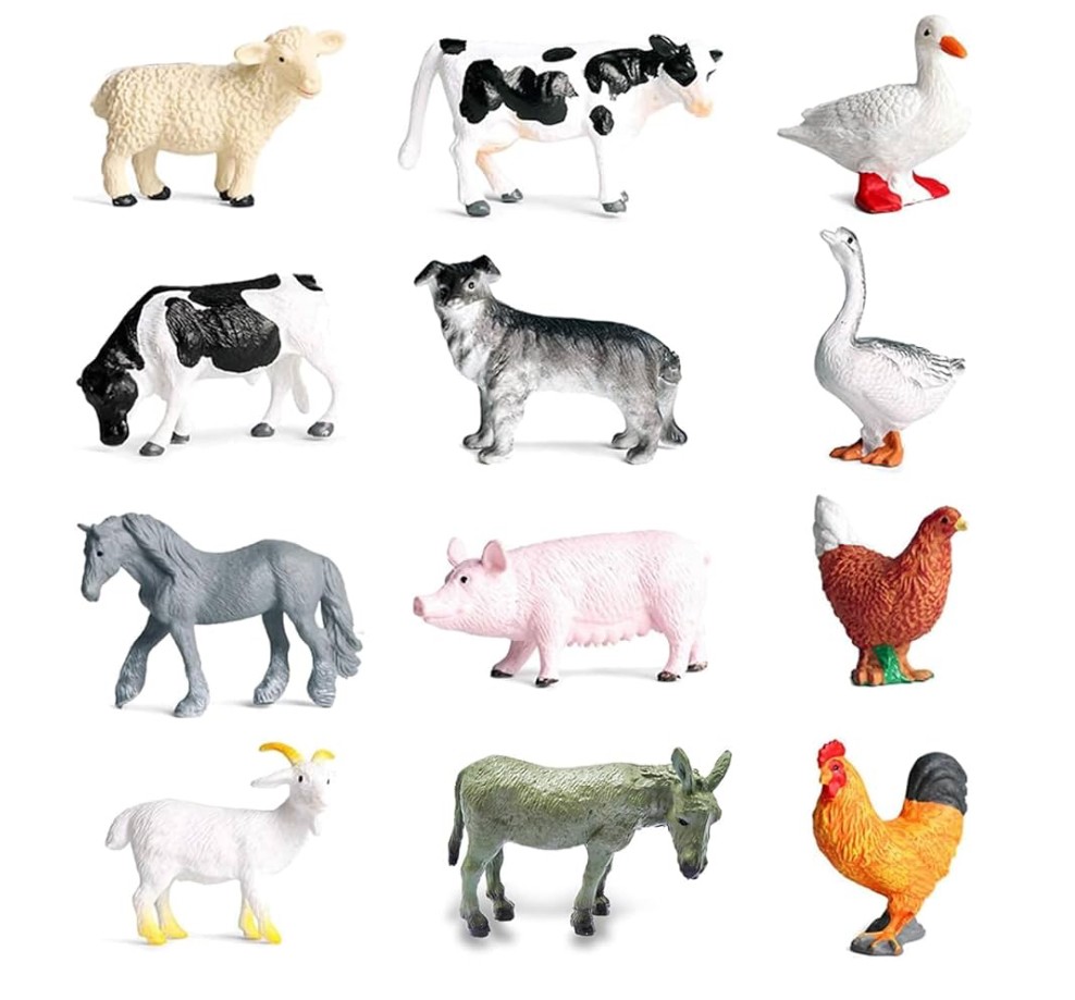 Nine small farm animal figures that include- sheep, cow, duck, dog, goose, horse, pig, chicken, goat, donkey, and rooster. 