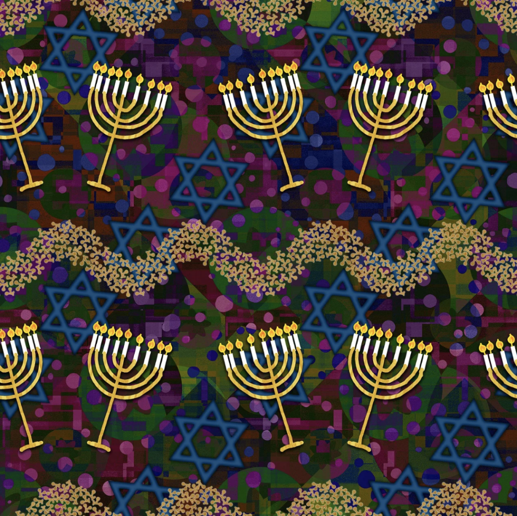 Illustration of menorahs and stars of David