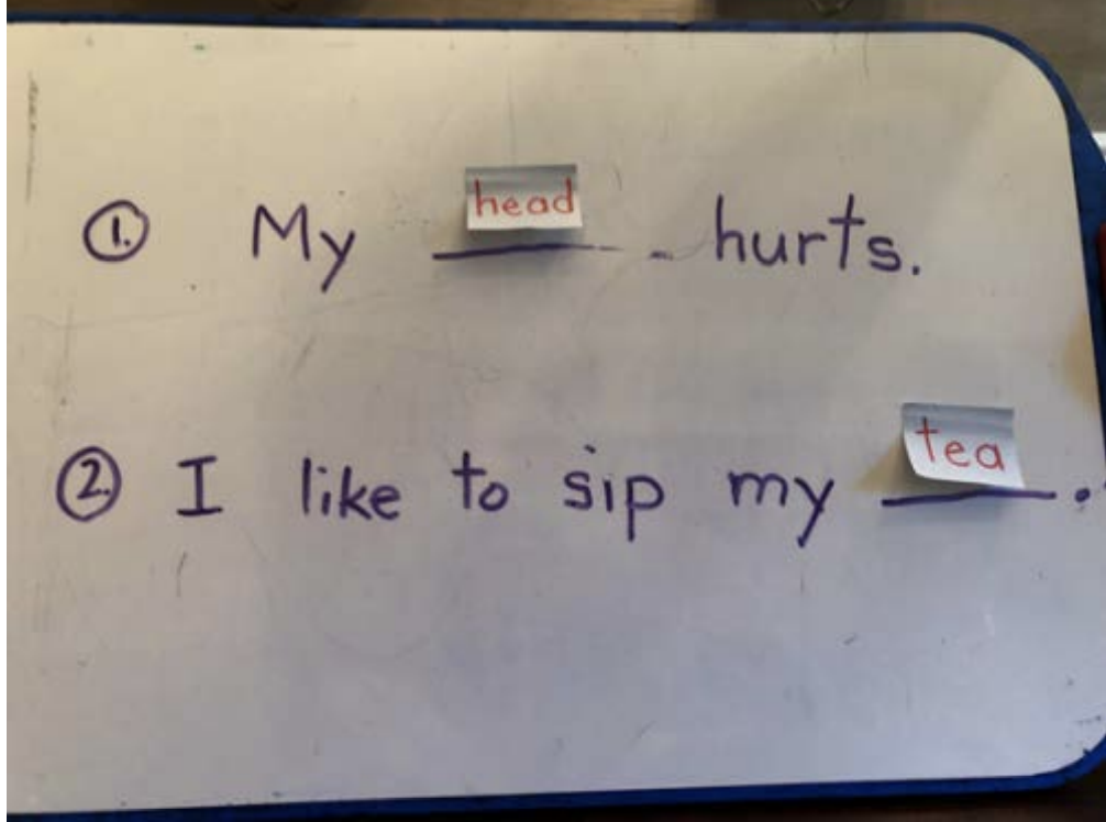 Example of manipulating word cards to go in the blanks