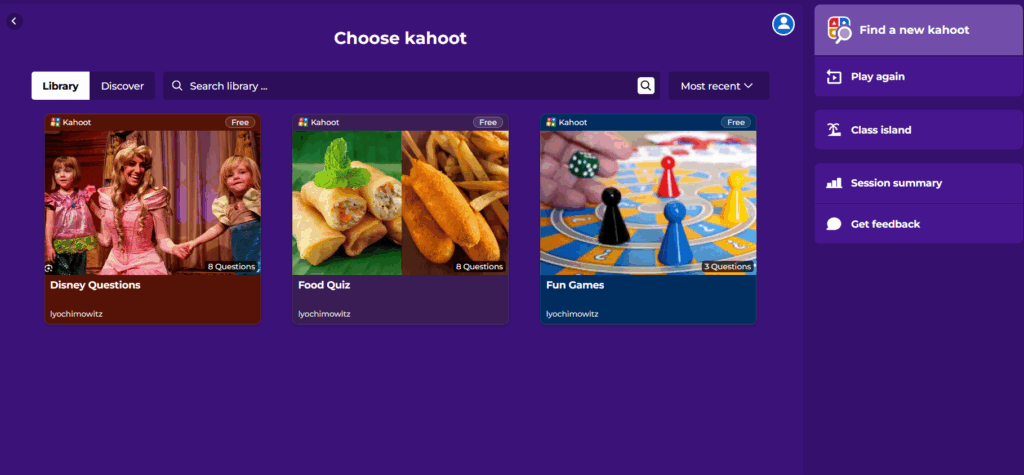 Kahoot screen shot with for game choices including Disney trivia, food trivia, and game trivia.