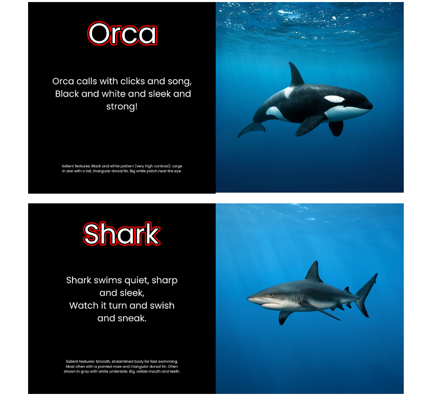 Two pages of an orca and another of a shark in the ocea. 