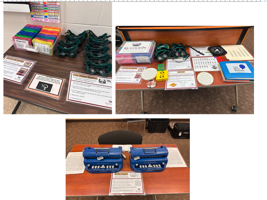 Three stations that include materials, goggle vision simulators, and braille machines.